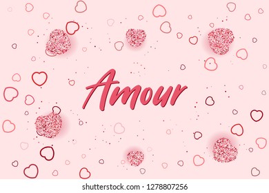 Happy Valentine's Day card with random hearts. Amour Love French Text.