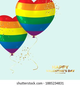 Happy Valentine's Day card. Realistic rainbow balloons in the shape of hearts, golden confetti on light blue background. Vector illustration with 3d decorative objects for Valentine's Day.