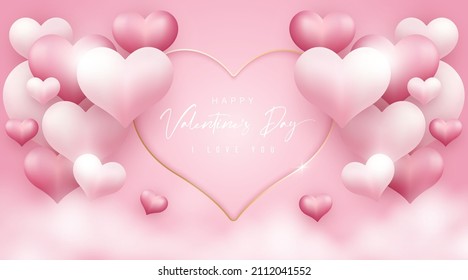 Happy Valentines Day Card. Realistic Pink 3d Hearts Shape With White Cloud Elements On Pink Background. Paper Cut Pink Heart Shape With Gold Line And Shadow. Pink Luxury Realistic Style Vector