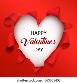 Happy Valentines Day card in the realistic torn paper design. Red detailed paper hole in the shape of Valentine heart with space for romantic message. Vector illustration
