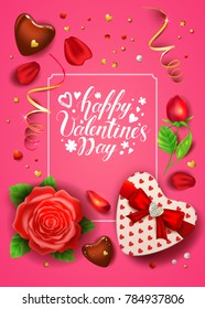 Happy Valentines day card with realistic rose petals, chocolate, confetti, gift heart shaped box and pearl. Handwritten calligraphy inscription on pink background.
