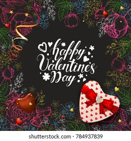 Happy Valentines day card with realistic chocolate, confetti, gift heart shaped box. Romantic black background with colorful vintage hand drawn sketched flowers.