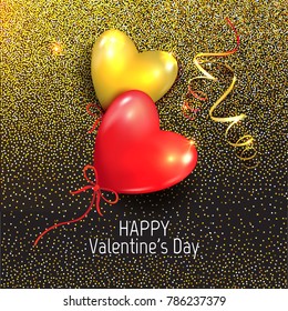Happy Valentines day card with realistic balloons heart shaped. Romantic holiday black and golden vector background with colorful shiny confetti. Glitter template greeting card.