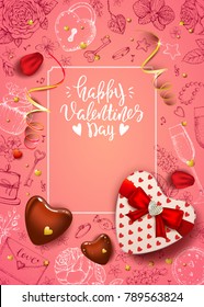 Happy Valentines day card with realistic rose petals, chocolate, gift heart shaped box. Romantic pink background with vintage hand drawn sketched flowers and elements. Handwritten modern calligraphy.