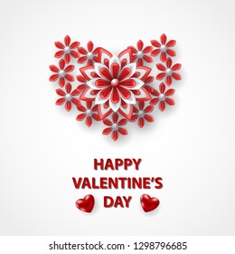 Happy Valentines Day card with red paper flowers on a white background. Vector illustration.