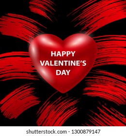Happy Valentines Day card with red heart and red brush strokes. Vector illustration.