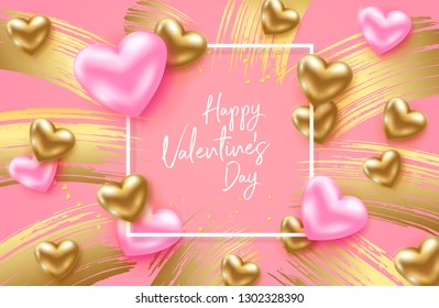 Happy Valentines Day card with red heart and red brush strokes. Vector illustration.