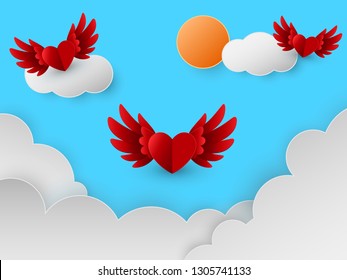 Happy Valentines day card with red hearts flying in sky over clouds, paper cut style, Vector illustration.