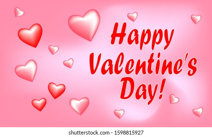 Happy Valentine's Day card, red and pink hearts on a pink background with white stains and congratulation inscription.