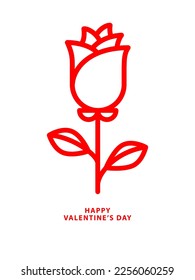 Happy Valentines Day card, red rose flower, simple line icon