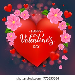 Happy Valentine's day card with red hearts,  pink flowers,  hand lettering on bokeh background. Vector illustration. Design for menu, flyer, card, invitation