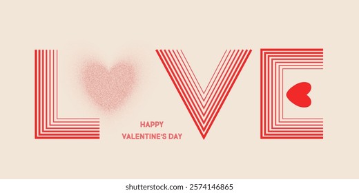 Happy Valentines Day card. Retro style stipple effect design template with minimal geometric line text Love for celebration decor, banner, cover, poster, flyer. Vector illustration 