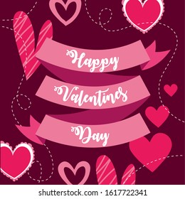 happy valentines day card with ribbon and hearts vector illustration design