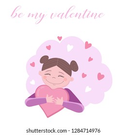 Happy Valentines day card. Romantic banner. Happy cute cartoon girl with hearts.