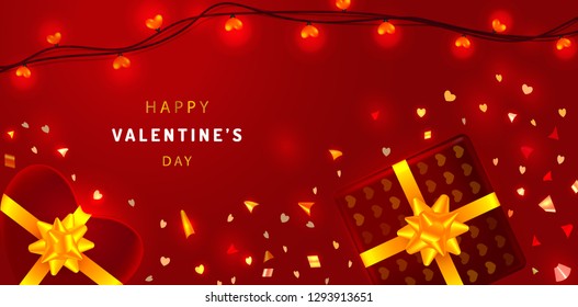 Happy Valentine's day card. Romantic template with red lights hearts garland, realistic gift boxes with golden bows and confetti. Template design for banners, party posters, wedding invitation