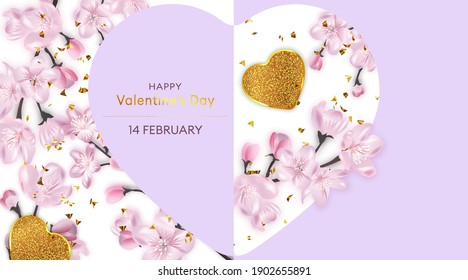 Happy Valentine's Day card. Romantic Greeting card. 3d Festive gifts box and rose flower. Holiday banner.