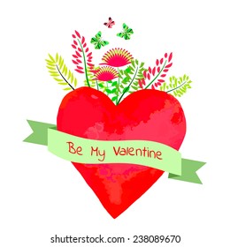 Happy Valentine`s Day card. Romantic invitation card. Floral stylish design element in bright colors. 
