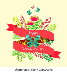 Happy Valentine`s Day card. Romantic invitation card. Floral stylish design element in bright colors. 