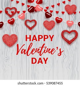 Happy Valentine's Day card. Romantic composition with garlands from paper. Beautiful backdrop with heart from threads on wooden texture. Vector illustration.