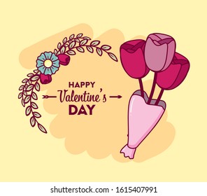 happy valentines day card with roses bouquet vector illustration design
