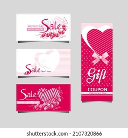 Happy Valentines day card with roses, holiday sale and gifts coupons