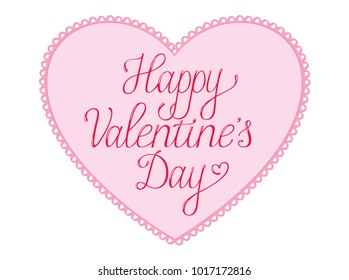 Happy Valentines Day Card with script text on a pink lace bordered heart