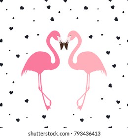 Happy Valentines Day card. Seamless pattern with flamingo and heart. Vector illustration