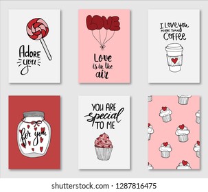 Happy Valentine's Day card set with lettering. Typography poster, card, label, banner design set. Vector illustration.