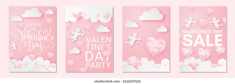 Happy Valentine's day card set with hearts, Cupid and clouds, delicate pink festive background. Paper art style, banner collection. Handwritten greeting on volume heart, vector.