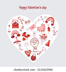 Happy Valentine's day card. Set of symbols in heart shape on grey background. Valentines day flat icons in pink and red colors. Heart, arrow, flower, key, lock, message, rainbow, potion, bird.