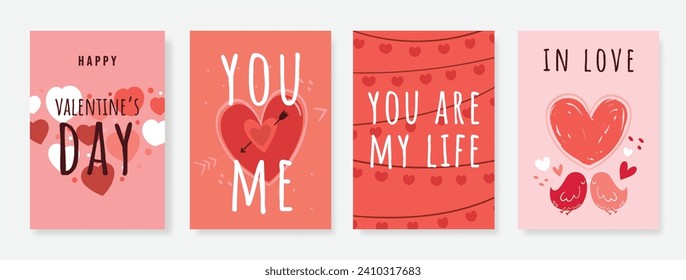 Happy Valentines Day card set. Modern abstract design with hearts, gift, flower. Template for ads, branding, banner, cover, label, poster print.