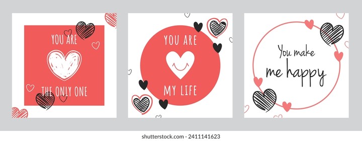 Happy Valentines Day card set. Modern abstract design. Template for ads, branding, banner, cover, label, poster print.