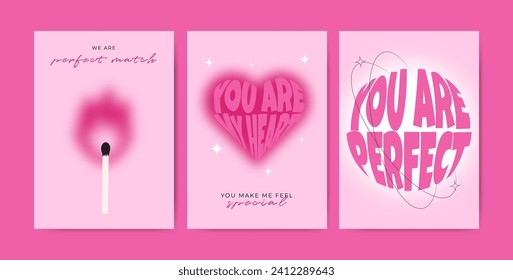 Glücklicher Valentinstag Kartensatz. Moderne Design-Vorlagen von Love Card, Banner, Poster, Cover. Trendy minimalistische Ästhetik mit unscharfem und typografischem Hintergrund, y2k. Rosa, lebhafte Farben.