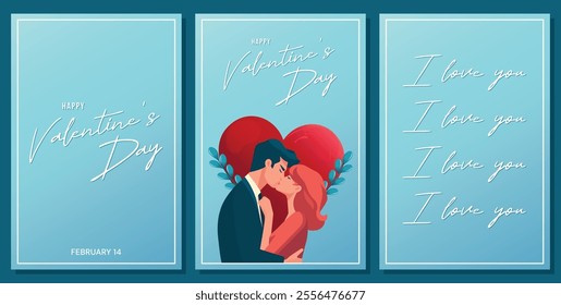 happy valentines day card set minimalistic with kissing couple vector illustration