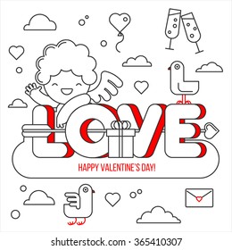 Happy Valentine's Day card. A smiling cute Cupid on top of the word love. Greeting card and a set of elements for design: a bird, a cloud, heart, glass, gift