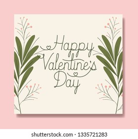 happy valentines day card with square and leafs frame