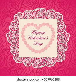 Happy Valentine's Day card. A square template for wedding cards, invitations, etc. with lace pattern and openwork frame inside. Image suitable for laser cutting, plotter cutting or printing.