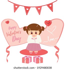 Happy valentines day card. Sweet girl with gift boxes - Vector