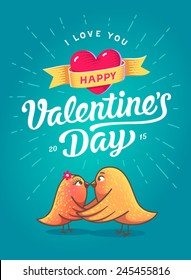 Happy valentines day card with symbol of heart and two birds lovers