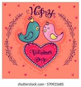 Happy valentines day card with symbol of heart and two birds lovers