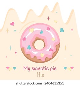 Happy Valentine's day. Valentines card with tasty pink donut glazed, hearts, sprinkling. Banner template with romantic text. Sweet dessert closeup. Vector illustration for 14 February, invitation