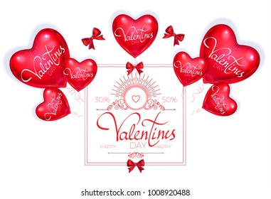 Happy Valentine's Day Card Template with Colorful and Glossy Red Foil Heart Balloons and Bows Isolated on White. Vector illustration