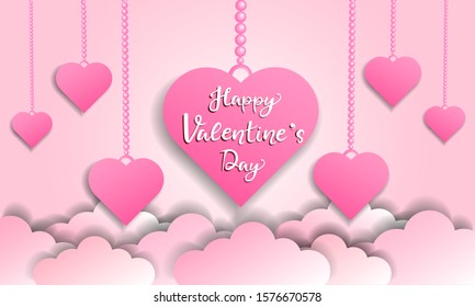 Happy valentine's day card template with paper pink and heart shaped  / illustration - Vector