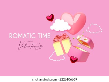 Happy Valentine's day card template with gift box and hearts flying in clouds