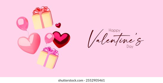 Happy Valentine's day card template with gift box, balloons and hearts.