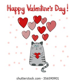 Happy Valentine's day card template. Cute cat in love. Romantic background. 