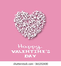 Happy Valentines Day card template. Small white paper circles in the shape of heart. Paper heart with shadow. Vector illustration.