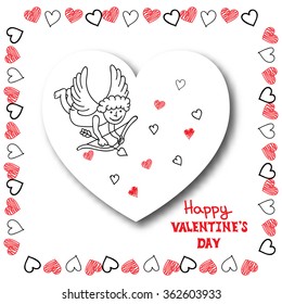 Happy Valentines Day card template. Hand drawn Cupid with bow and white paper cut heart.  Vector illustration.