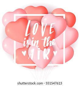 Happy Valentine's day card template with cute and fancy pink, red heart balloons with lettering. It may be used for background, poster, advertising, sale, postcard, e-card. Vector illustration