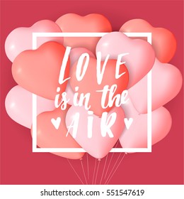 Happy Valentine's day card template with cute and fancy pink, red heart balloons with lettering. It may be used for background, poster, advertising, sale, postcard, e-card. Vector illustration